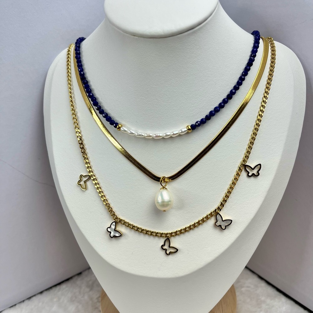 Lapis & pearl stainless steel stackable necklace sets